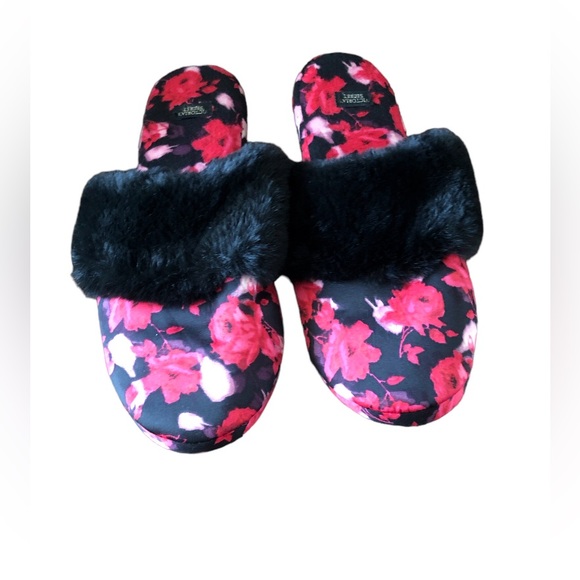Victoria's Secret Shoes - Women’s size medium Victoria’s Secret Black Floral Satin Fur Slippers